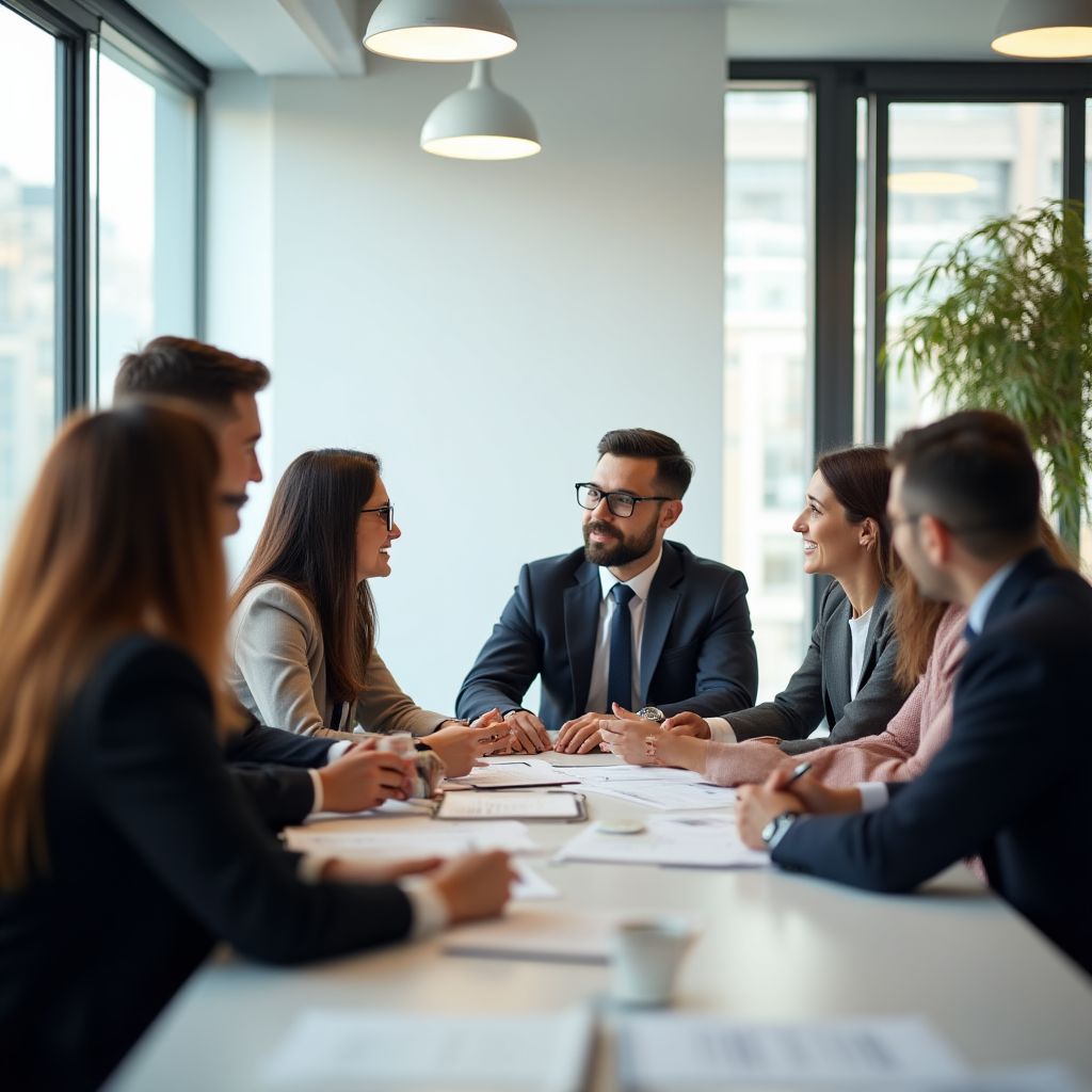 Equipo de consultores financieros en reunión